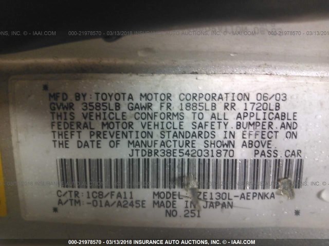 JTDBR38E542031870 - 2004 TOYOTA COROLLA CE/LE BEIGE photo 9