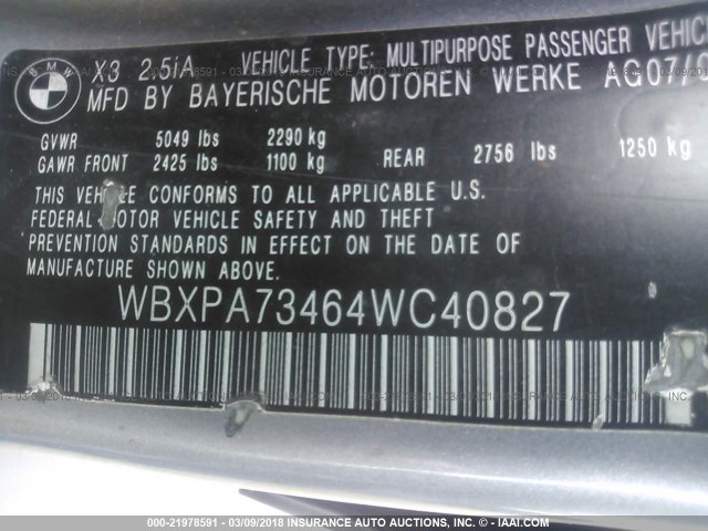 WBXPA73464WC40827 - 2004 BMW X3 2.5I GRAY photo 9