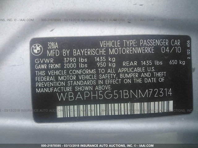WBAPH5G51BNM72314 - 2011 BMW 328 I SULEV SILVER photo 9