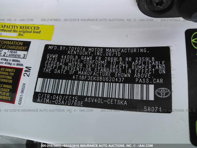 4T1BF3EK0BU620437 - 2011 TOYOTA CAMRY SE/LE/XLE WHITE photo 9