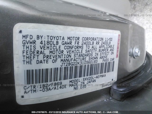 JT2BG22K310560183 - 2001 TOYOTA CAMRY CE/LE/XLE GRAY photo 9