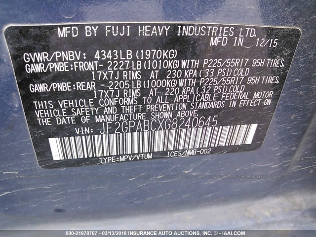 JF2GPABCXG8240645 - 2016 SUBARU CROSSTREK PREMIUM ლურჯი ფოტო 9