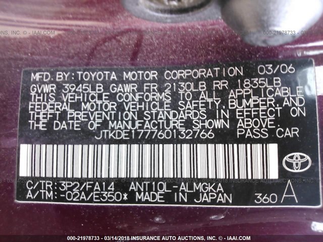 JTKDE177760132766 - 2006 TOYOTA SCION TC 勃艮第红 照片 9