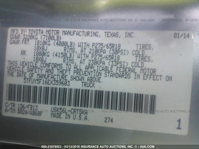 5TFUY5F16EX359603 - 2014 TOYOTA TUNDRA DOUBLE CAB SR/SR5 SILVER photo 9