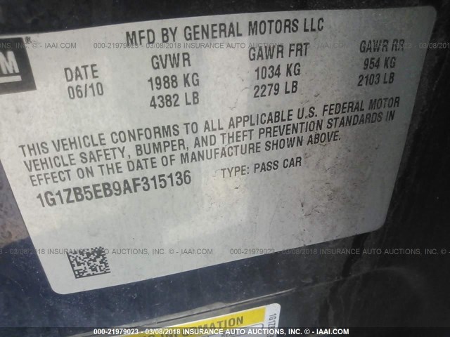 1G1ZB5EB9AF315136 - 2010 CHEVROLET MALIBU LS ლურჯი ფოტო 9