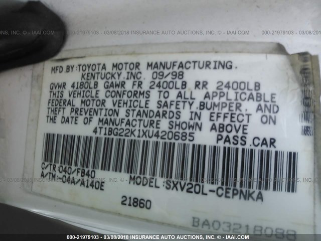 4T1BG22K1XU420685 - 1999 TOYOTA CAMRY CE/LE/XLE 白色 照片 9