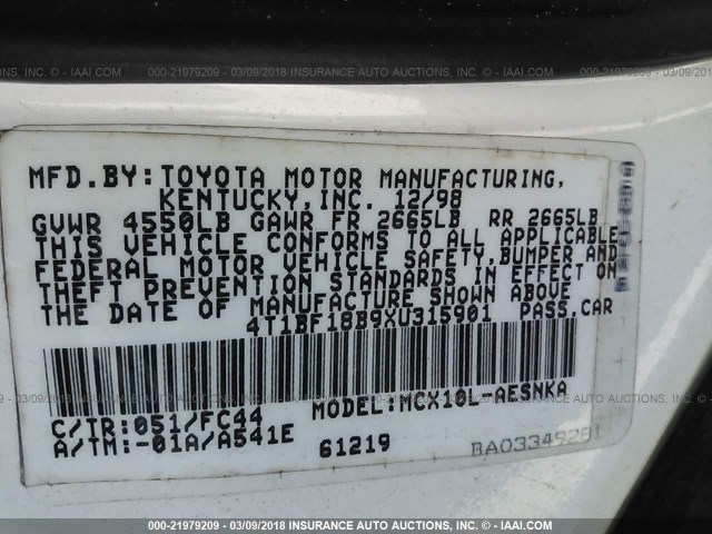 4T1BF18B9XU315901 - 1999 TOYOTA AVALON XL/XLS WHITE photo 9