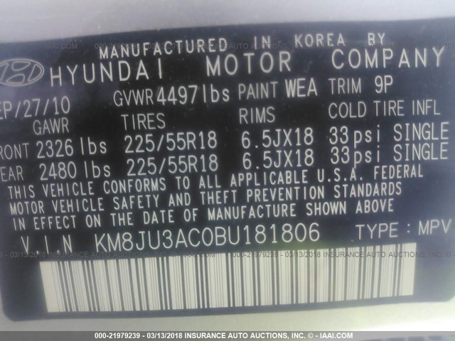 KM8JU3AC0BU181806 - 2011 HYUNDAI TUCSON GLS/LIMITED 银色 照片 9