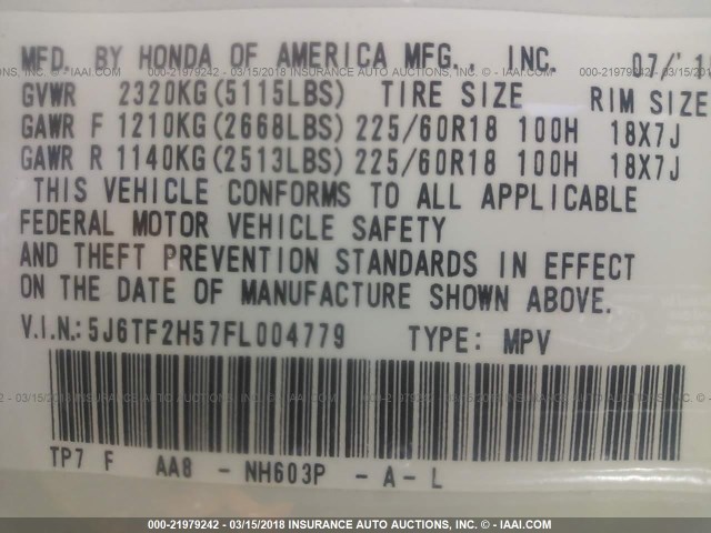 5J6TF2H57FL004779 - 2015 HONDA CROSSTOUR EXL თეთრი ფოტო 9