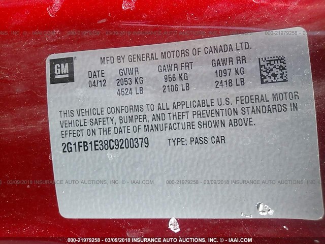 2G1FB1E38C9200379 - 2012 CHEVROLET CAMARO LT RED photo 9