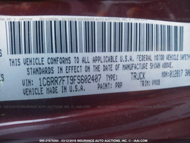 1C6RR7FT9FS602407 - 2015 RAM 1500 ST RED photo 9