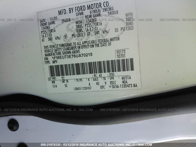 1FMEU73E76UA70215 - 2006 FORD EXPLORER XLT WHITE photo 9