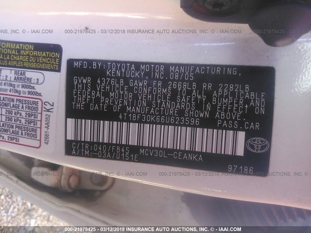 4T1BF30K66U623596 - 2006 TOYOTA CAMRY LE/XLE/SE WHITE photo 9
