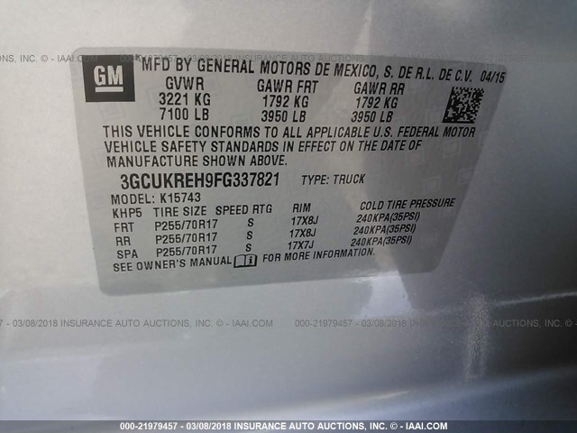 3GCUKREH9FG337821 - 2015 CHEVROLET SILVERADO K1500 LT GRAY photo 9