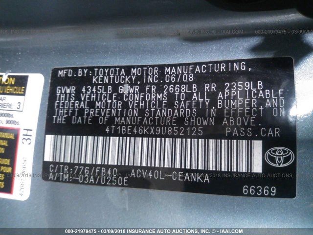 4T1BE46KX9U852125 - 2009 TOYOTA CAMRY SE/LE/XLE Бирюзовый фото 9