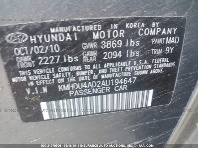 KMHDU4AD2AU194647 - 2010 HYUNDAI ELANTRA BLUE/GLS/SE GRAY photo 9