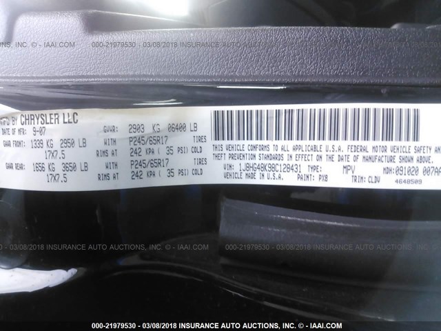 1J8HG48K98C128431 - 2008 JEEP COMMANDER SPORT შავი ფოტო 9