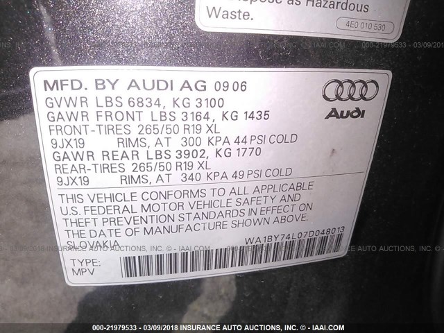 WA1BY74L07D048013 - 2007 AUDI Q7 3.6 QUATTRO PREMIUM GRAY photo 9