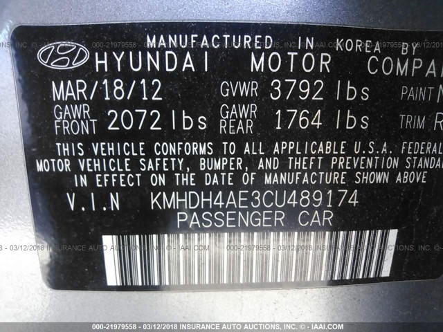 KMHDH4AE3CU489174 - 2012 HYUNDAI ELANTRA GLS/LIMITED GRAY photo 9