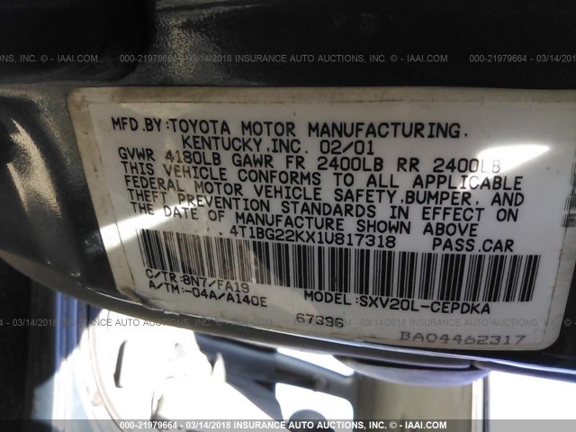 4T1BG22KX1U817318 - 2001 TOYOTA CAMRY CE/LE/XLE 绿色 照片 9