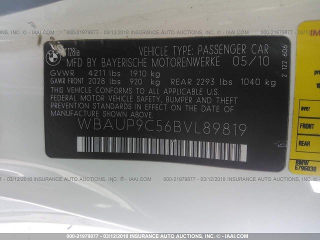 WBAUP9C56BVL89819 - 2011 BMW 128 I WHITE photo 9