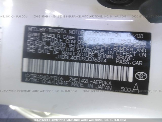 JTDBL40E09J036314 - 2009 TOYOTA COROLLA LE/XLE WHITE photo 9