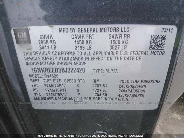 1GNKREED3BJ322420 - 2011 CHEVROLET TRAVERSE LS GRAY photo 9