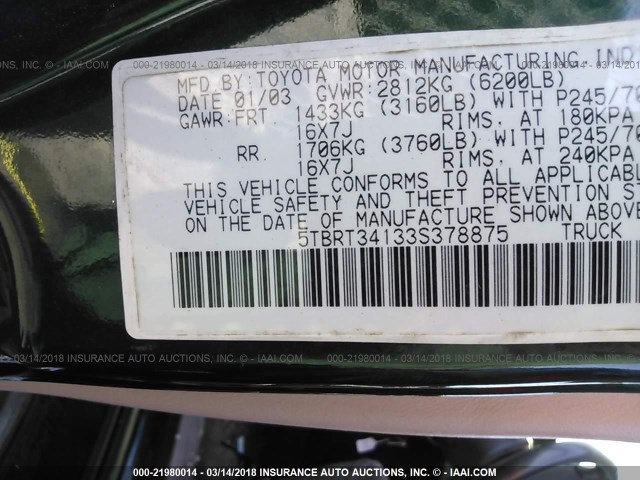 5TBRT34133S378875 - 2003 TOYOTA TUNDRA ACCESS CAB SR5 GREEN photo 9