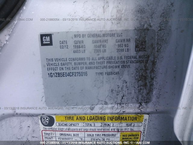 1G1ZB5E04CF275016 - 2012 CHEVROLET MALIBU LS ვერცხლისფერი ფოტო 9