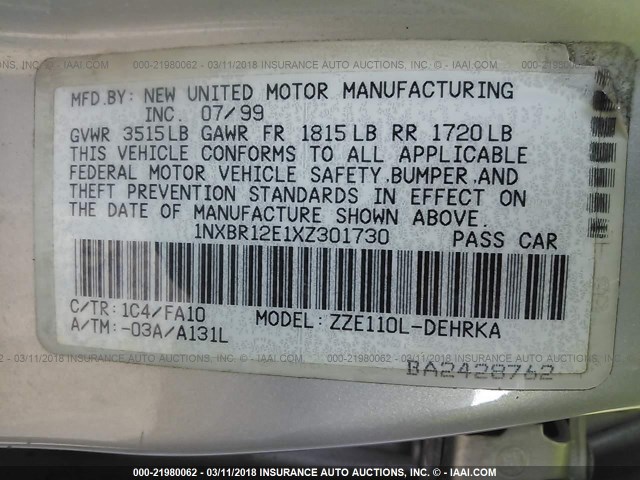 1NXBR12E1XZ301730 - 1999 TOYOTA COROLLA VE/CE/LE 棕色 照片 9