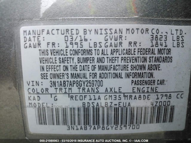 3N1AB7AP8GY259700 - 2016 NISSAN SENTRA S/SV/SR/SL GRAY photo 9