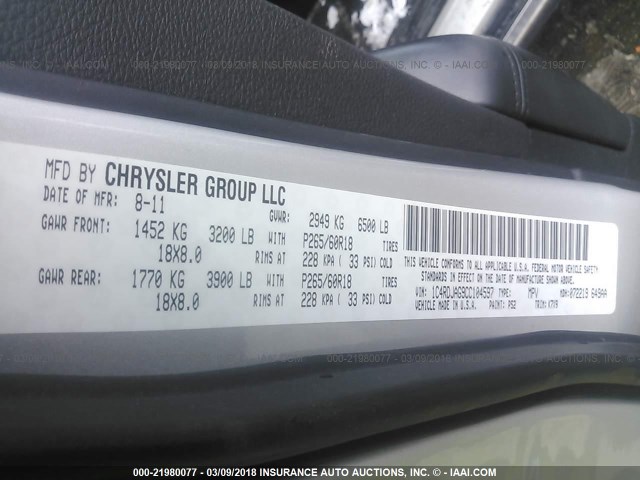 1C4RDJAG9CC104597 - 2012 DODGE DURANGO SXT SILVER photo 9