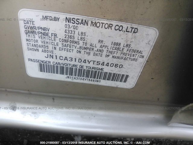 JN1CA31D4YT544060 - 2000 NISSAN MAXIMA GLE/GXE/SE GOLD photo 9