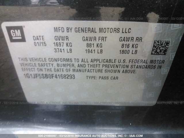 1G1JF5SB0F4168293 - 2015 CHEVROLET SONIC LTZ GRAY photo 9