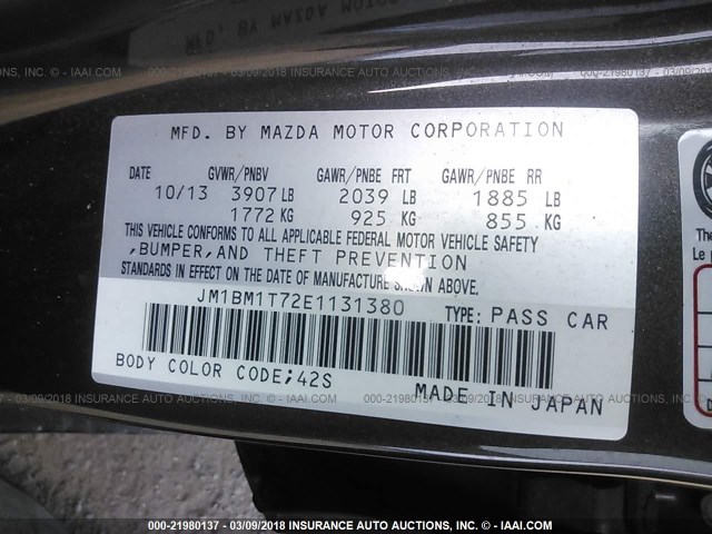 JM1BM1T72E1131380 - 2014 MAZDA 3 SV GRAY photo 9