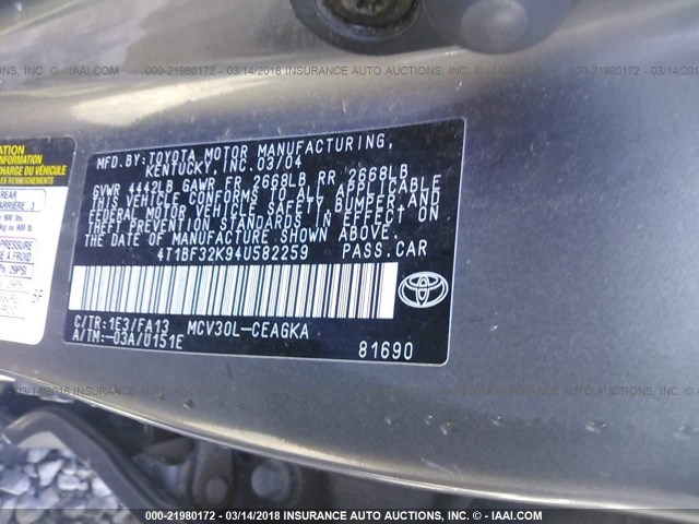4T1BF32K94U582259 - 2004 TOYOTA CAMRY LE/XLE/SE 灰色 照片 9