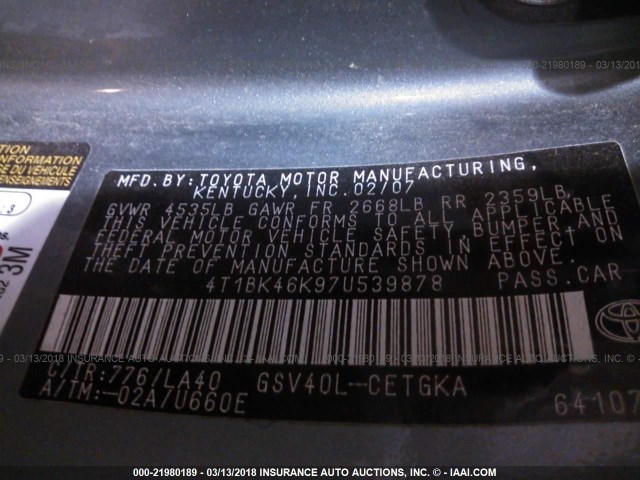 4T1BK46K97U539878 - 2007 TOYOTA CAMRY NEW GENERAT LE/XLE/SE TEAL photo 9