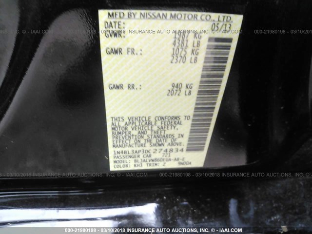 1N4BL3AP3DC274834 - 2013 NISSAN ALTIMA 3.5S/3.5SV/3.5SL BLACK photo 9