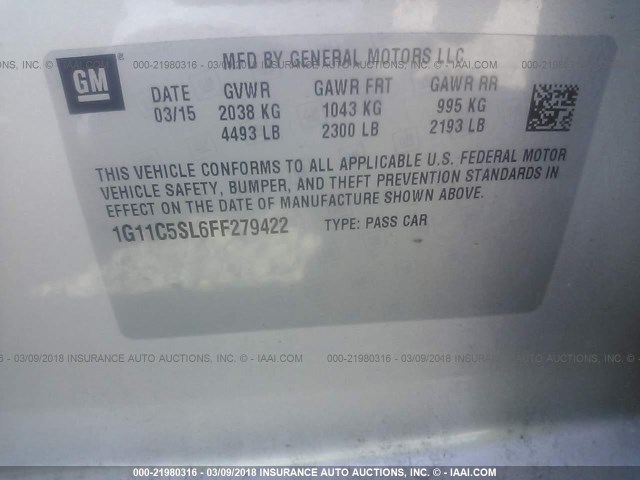 1G11C5SL6FF279422 - 2015 CHEVROLET MALIBU 1LT 银色 照片 9