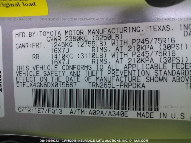 5TFJX4GN6DX015687 - 2013 TOYOTA TACOMA DOUBLE CAB ვერცხლისფერი ფოტო 9