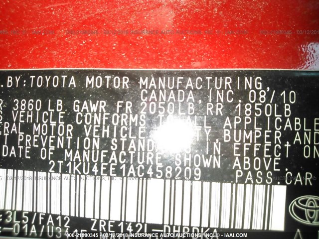 2T1KU4EE1AC458209 - 2010 TOYOTA COROLLA MATRIX  RED photo 9