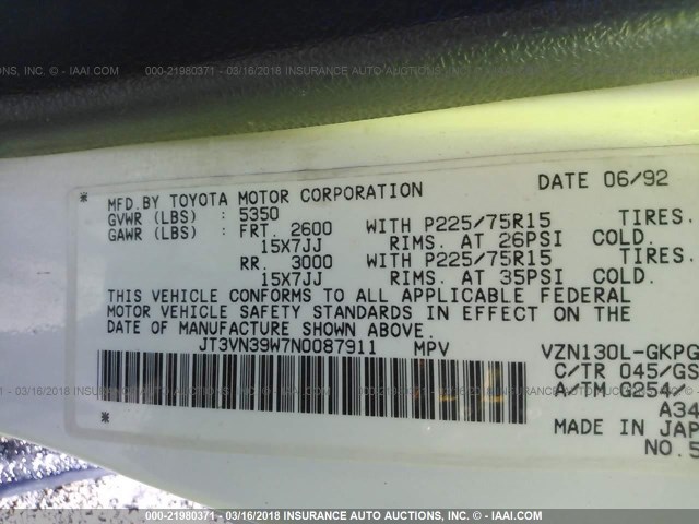 JT3VN39W7N0087911 - 1992 TOYOTA 4RUNNER VN39 SR5 白色 照片 9