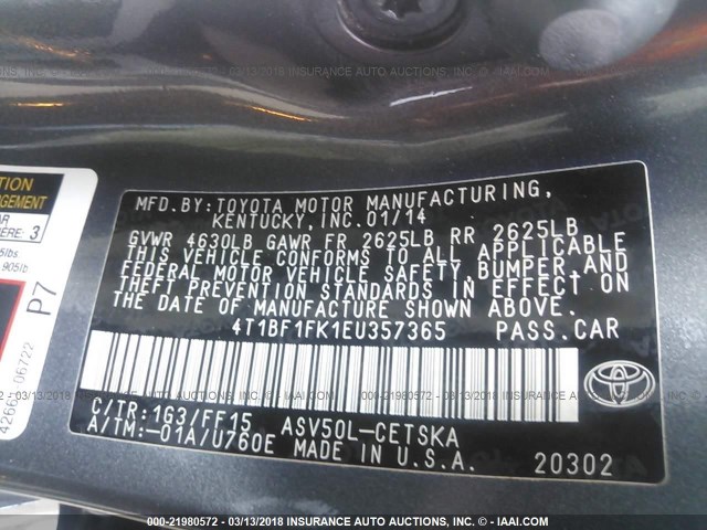 4T1BF1FK1EU357365 - 2014 TOYOTA CAMRY L/SE/LE/XLE ნაცრისფერი ფოტო 9