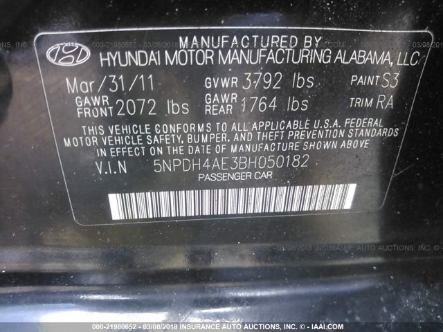 5NPDH4AE3BH050182 - 2011 HYUNDAI ELANTRA GLS/LIMITED BLACK photo 9