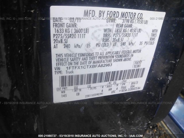 1FTFX1CTXBFA82983 - 2011 FORD F150 SUPER CAB BLUE photo 9