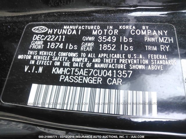 KMHCT5AE7CU041357 - 2012 HYUNDAI ACCENT GLS/GS BLACK photo 9