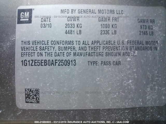 1G1ZE5EB0AF250913 - 2010 CHEVROLET MALIBU LTZ 锡色 照片 9