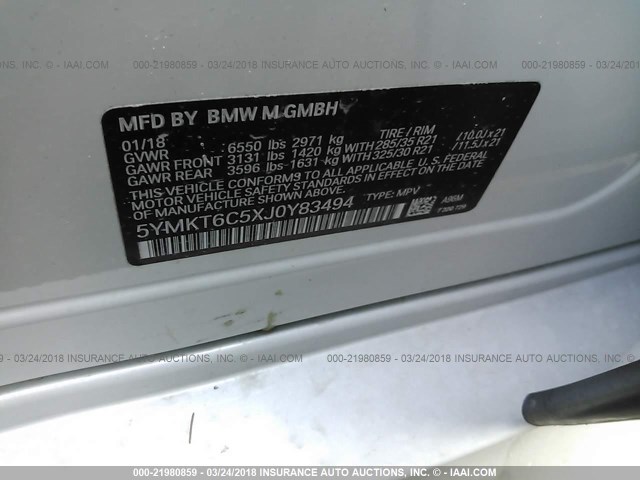5YMKT6C5XJ0Y83494 - 2018 BMW X5 M WHITE photo 9