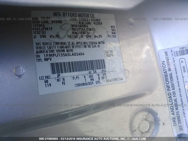 1FMPU15565LA03404 - 2005 FORD EXPEDITION XLT SILVER photo 9