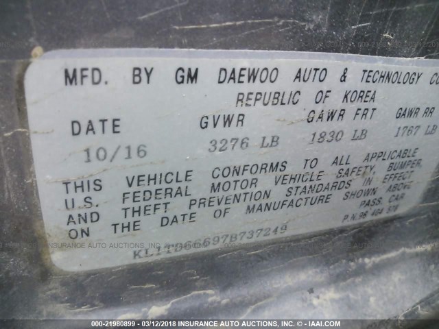 KL1TD66697B737249 - 2007 CHEVROLET AVEO LS GRAY photo 9